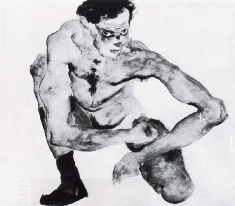 Egon Schiele Squatting male nude with stockings oil painting picture